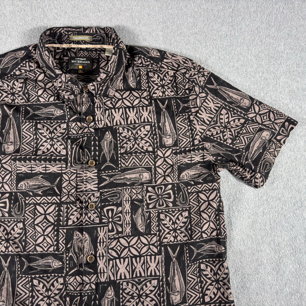 Quiksilver Waterman Collection Shirt Mens L Black Tailored Fit Button Fish